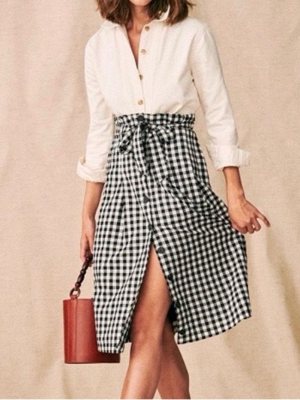 Sézane Amandine Black & White Gingham Check Tie-Waist Buttondown Midi Skirt 36/4